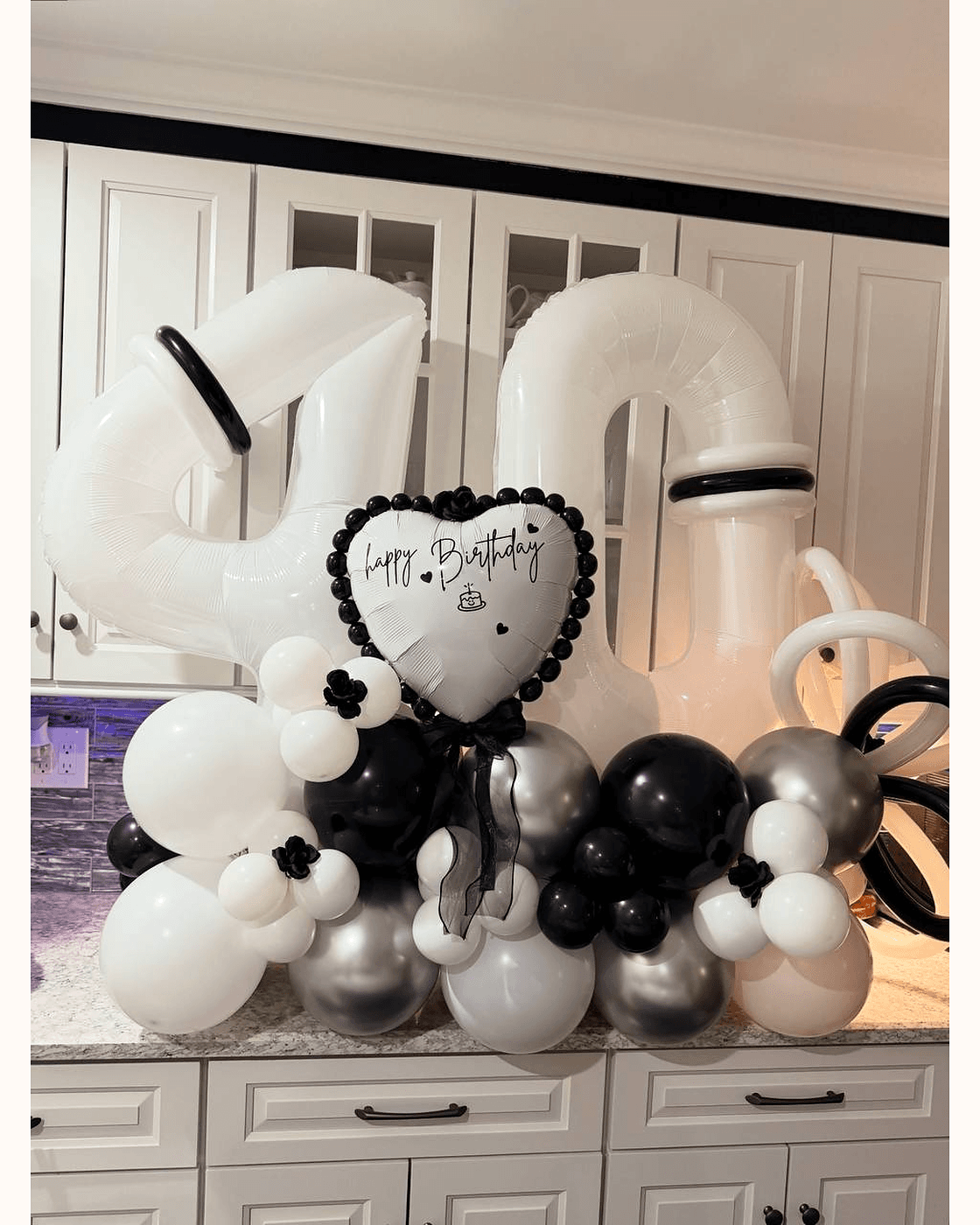 Black white and silver 40th birthday balloon bouquet