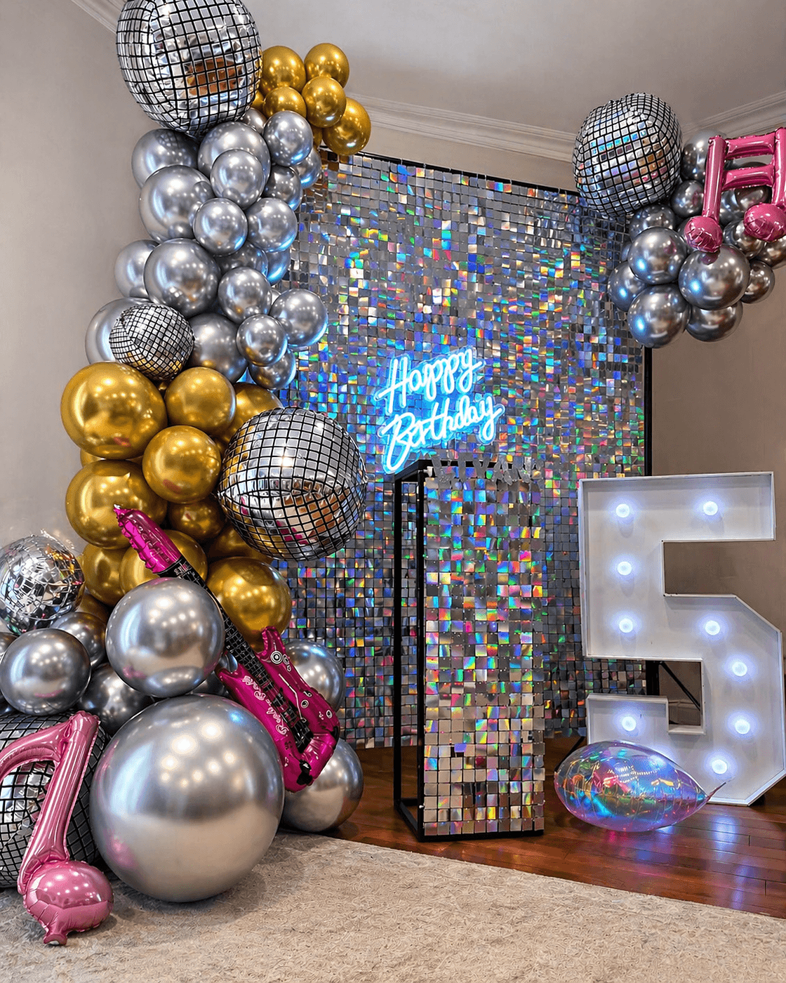 Disco fifth birthday shimmer wall balloon setup