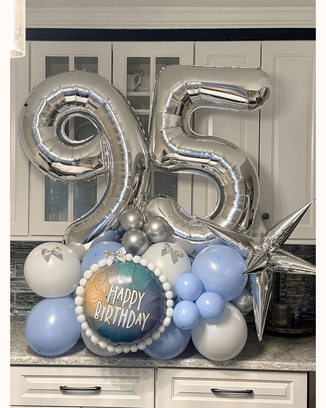 Blue and silver 95th birthday balloon bouquet
