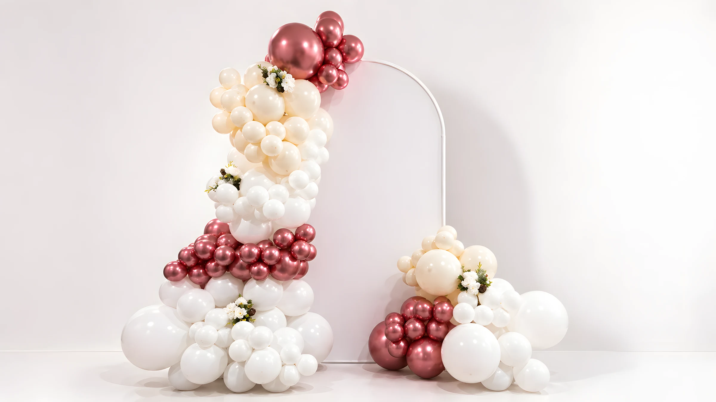 Rose-gold and ivory balloon arch styling by Nika Event Studio